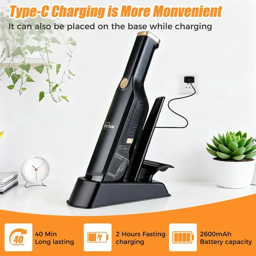 Vista 3 de Aspiradora de mano inalámbrica, succión de alta potencia de 15KPA, carga rápida USB, aspiradora de automóvil con base de almacenamiento, quitapolvo