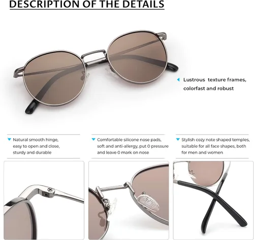 Vista 3 de livho Gafas de sol polarizadas con protección UV retro redondas hippie para mujeres y hombres a la moda pequeños lentes espejados marcos de metal