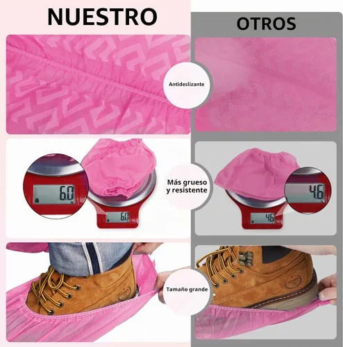 Vista 3 de squish Fundas para zapatos, desechables, antideslizantes, paquete de 100 (50 pares), color rosa, gruesas, extra desechables, fundas para botas