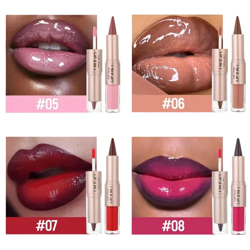 Vista 24 de BAISEN DIARY 2 en 1 doble punta mate delineador de labios y brillo de labios, lápiz combinado de labios marrón nude degradado, delineador de labios