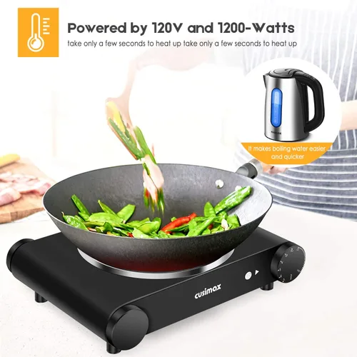 Vista 6 de CUSIMAX estufa eléctrica portátil, 1200 W, infrarroja, una hornilla, se calienta en segundos, 7 pulgadas de vidrio cerámico, para dormitorio