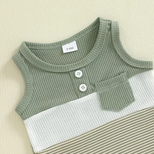 Vista 38 de Ropa de bebé niño sin mangas + pantalones cortos con estampado a rayas con bolsillos, 2 piezas de trajes de verano