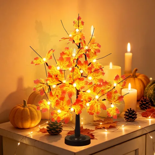 Vista 2 de Lámpara LED de árbol de arce de 24 pulgadas, luces blancas cálidas con 8 modos de iluminación, funciona con batería, alimentada por USB, árbol