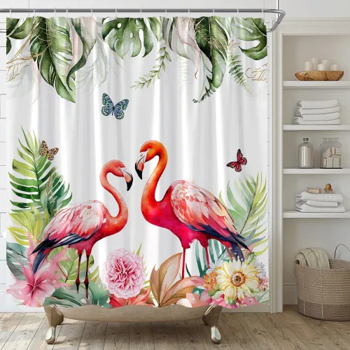 Vista 6 de Cortina de ducha con diseño de flamenco, flor tropical, hoja de palmera verde, juego de decoración de baño con ganchos