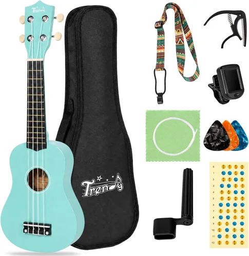 Vista 11 de Trendy Ukelele soprano de 21 pulgadas negro kit para principiantes bolsa de transporte afinador correa de cuerda cuadrada diapasón pegatinas ukelele