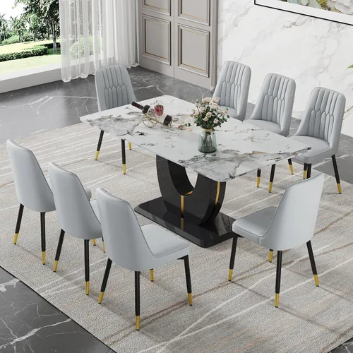 Vista 53 de JUFU Juego de mesa de comedor moderno para 4, juego de mesa de cocina rectangular de 63 pulgadas con mesa de mármol sintético y 4 sillas tapizadas