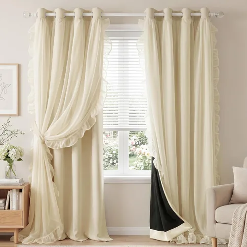 Vista 40 de PONY DANCE 100% Blackout Beige Curtains for Bedroom, Double Layer Room Darkening Drapes with White Ruffle Sheer Overlay, Boho Living Room Decor