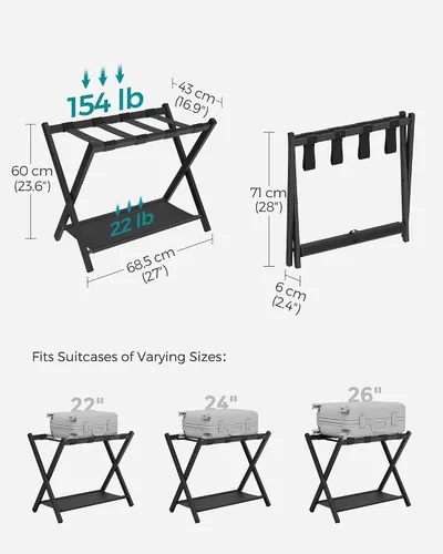 Vista 7 de SONGMICS Portaequipajes para habitación de invitados, soporte para maleta con estante de almacenamiento, marco de acero, plegable para un fácil Negro