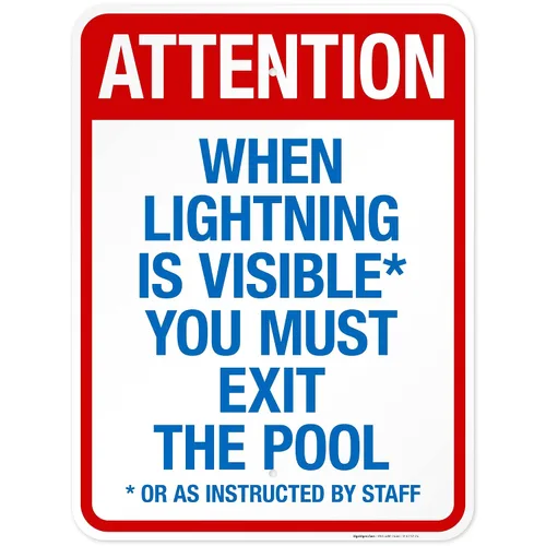 Vista 2 de Letrero con texto en inglés "Attention When Lightning is Visible You Must Exit The Pool - Letrero de piscina, 10 x 14 pulgadas, libre de óxido