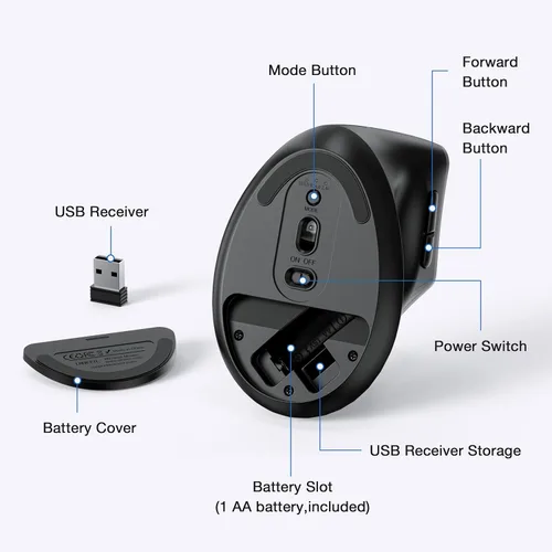 Vista 7 de Uineer Ratón ergonómico Bluetooth 5.0/4.0, mouse inalámbrico vertical de 2.4 GH, con receptor USB-A, alimentado por batería, conectividad de 3