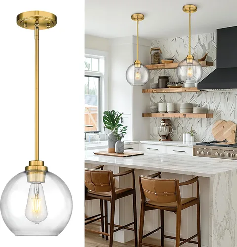 Vista 26 de Luces Colgantes para Isla de Cocina, 7" Luminarias Colgantes Negras y Doradas con Pantalla de Globo de Vidrio Transparente, Iluminación Moderna