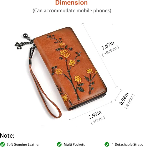 Vista 7 de Cartera de cuero con cremallera para mujer, estilo vintage, monedero de flores para mujer, Marrón, Estilo retro