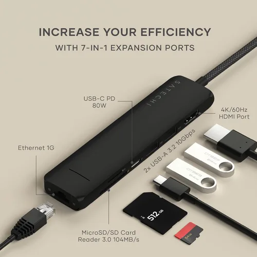 Vista 3 de Satechi Hub USB-C 7 en 1 con Ethernet, HDMI 4K/60Hz, negro Negro - Slim PLUS