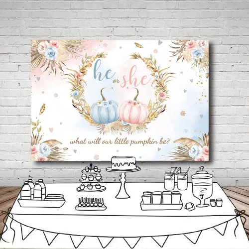 Vista 4 de MEHOFOND Fondo de otoño de 7 x 5 pies, diseño de calabaza pequeña para baby shower, decoración de fiesta con texto en inglés "He or she What Will