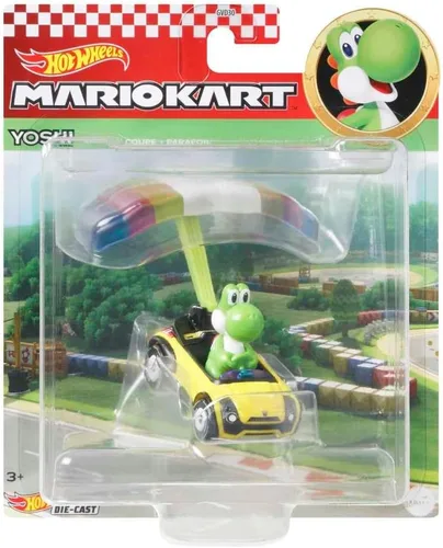 Vista 4 de Hot Wheels 1:64 Mario Kart - Yoshi en Kart Estándar con Parafoil Die Cast