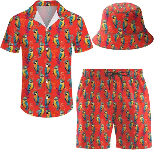 Vista 35 de Conjunto deportivo de 2 piezas para hombre, camisa hawaiana, pantalones cortos, camisa con botones y pantalones cortos con sombreros de pescador