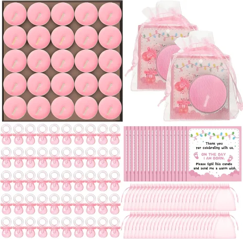 Vista 7 de Ctosree 50 juegos de regalos de baby shower para invitados que incluyen lindos chupetes de bebé, velas de té y etiquetas de agradecimiento, bolsas