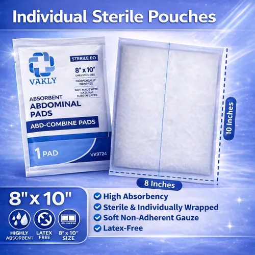 Vista 2 de Vakly ABD Pads 8" x 10" estériles (paquete de 20) – Almohadillas de gasa de combinación abdominal, apósitos no adherentes de alta absorción