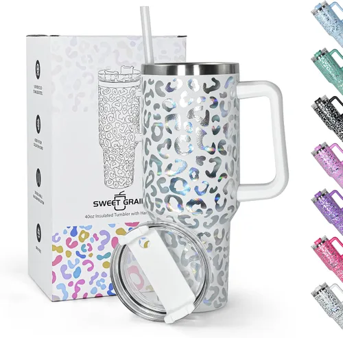 Vista 10 de Sweet Grain - Vaso de 40 onzas con asa y pajita, mantiene las bebidas frías hasta 24 horas, vaso aislado al vacío de acero inoxidable con diseño