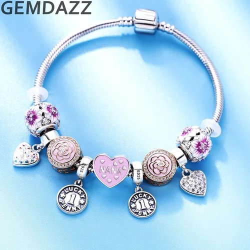 Vista 3 de Juego de dijes de corazón rosa de nana y abuela en plata de ley 925, regalo para bisabuelaabuela