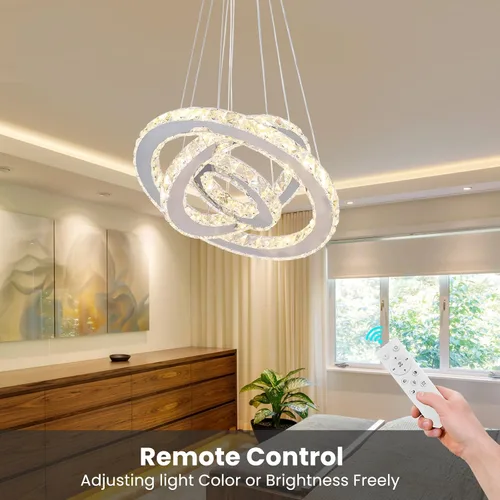 Vista 8 de Candelabro LED de cristal con iluminación regulable LED moderna lámpara de techo de 3 anillos ajustable de acero inoxidable para dormitorios y sala