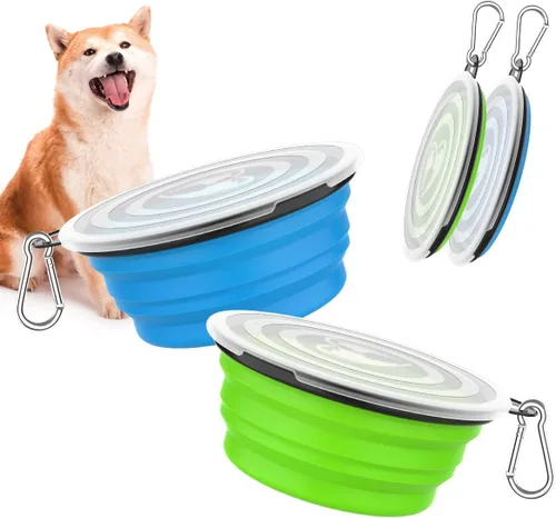 Vista 14 de Pawaboo Cuencos plegables 2 en 1 para perros, cuencos dobles para comida y agua, cuenco de silicona portátil de 180° con gancho de metal, comedero