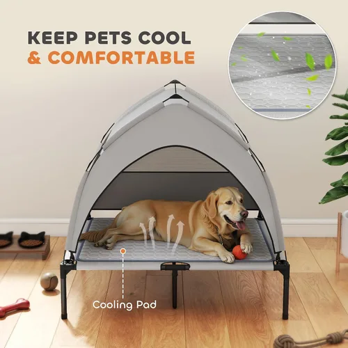Vista 3 de PawHut Cama elevada para perros con almohadilla de enfriamiento, cama elevada para mascotas al aire libre con toldo extraíble, malla transpirable