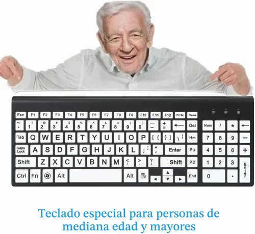 Vista 2 de Teclado y mouse inalámbricos de tamaño completo con impresión grande de 0.08 oz con impresión de gran tamaño para personas con discapacidad visual