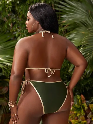 Vista 2 de Floerns Traje de baño de bikini con cuello halter y triángulo lateral para mujer, talla grande