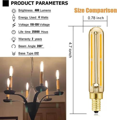 Vista 2 de Leools Bombilla LED regulable de 4 W, igual a 2500 K, ámbar blanco cálido T6 E12, bombilla de 40 vatios para candelabros, ventilador de techo