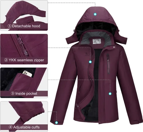 Vista 4 de CAMEL CROWN Chaquetas de esquí de invierno cálidas para mujer, abrigo de nieve impermeable con capucha, chaqueta de lluvia resistente al viento