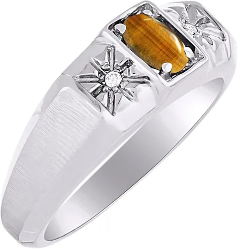 Vista 2 de RYLOS - Anillos para hombre de oro blanco de 14 quilates - Anillo de diamante y ojo de tigre de 0236 x 0157in de color piedra preciosa anillos