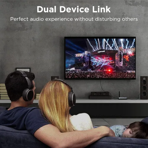 Vista 5 de Transmisor Receptor Bluetooth 3 en 1 Adaptador de Audio Bluetooth 5.0 para 2 Auriculares Con Control de Volumen de Bypass, Baja Latencia, Largo