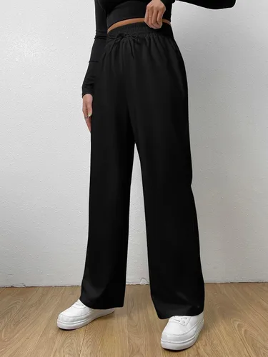 Vista 4 de MakeMeChic Pantalones deportivos para mujer, elásticos, con lazo frontal, pierna recta, casual, con bolsillo