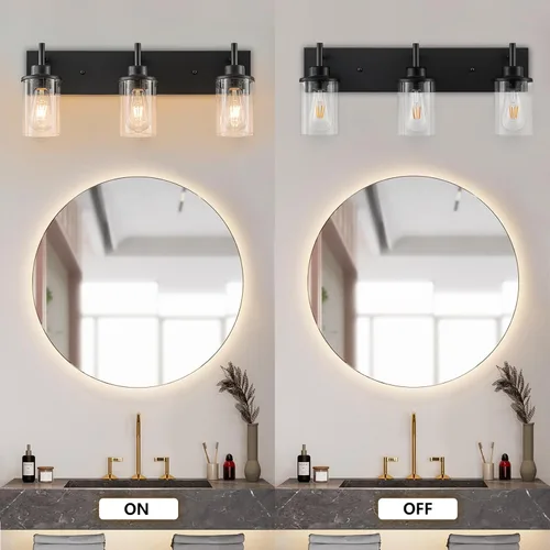 Vista 4 de GoYeel Accesorios de iluminación de tocador, aplique de pared negro mate de 3 luces negras con pantalla de vidrio transparente para dormitorio
