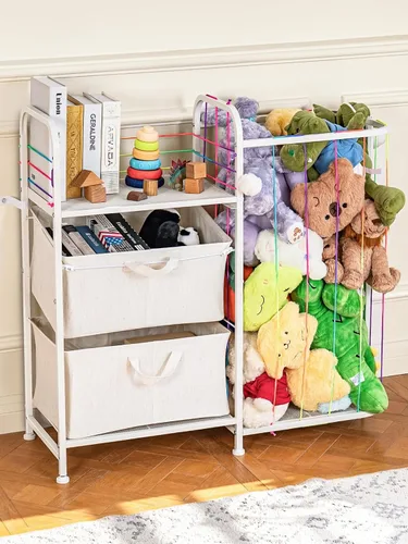 Vista 8 de VBABY Estantería para niños y almacenamiento de juguetes, estante grande 3 en 1 para habitaciones de niños, zoológico de animales de peluche