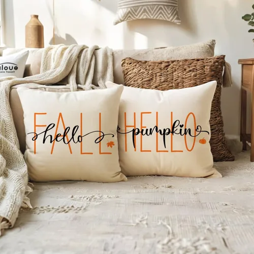 Vista 4 de Fundas de almohada naranjas de otoño de 12 x 20 pulgadas, paquete de 2 fundas de almohada decorativas rectangulares/lumbar, fundas de cojín de Hello