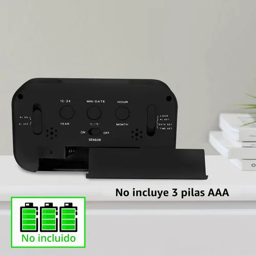 Vista 5 de Reloj despertador digital con temperatura interior, funciona con pilas, modelo con función de repetición, pantalla de 12/24H para dormitorios Negro