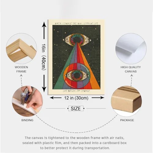 Vista 3 de Juego de 3 lienzos enmarcados de estilo retro hippie para pared, meditación, psique delicados, arte en lienzo bohemio de los años 70
