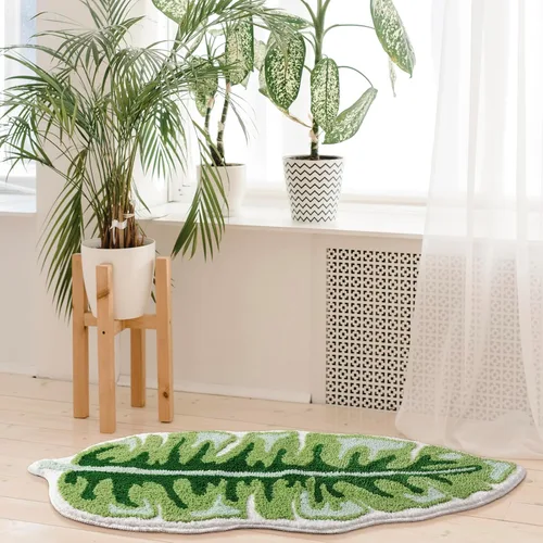 Vista 7 de Panstar Green Leaf - Tapete de baño con planta de plátano grande, antideslizante, absorbente, bonita en forma de palma, alfombra de ducha de felpa