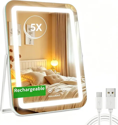 Vista 9 de halumao Espejo de tocador con luces, espejo de maquillaje iluminado de 14.5 pulgadas, espejo de maquillaje LED con luces para mesa de dormitorio