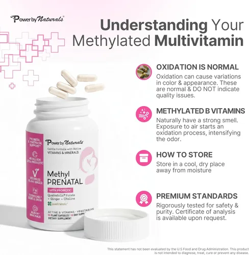Vista 8 de Power By Naturals Metil prenatal con probióticos - Vitaminas prenatales para mujeres con hierro, folato de metilo, nutrientes B12 y 28 y botánicos