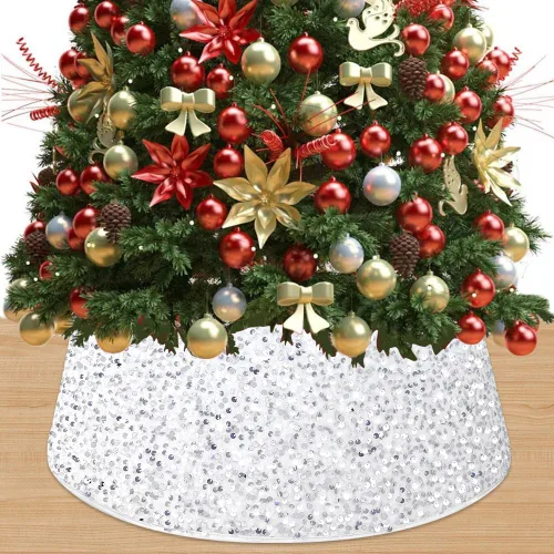 Vista 7 de FUHSY Collar Negro de Árbol de Navidad de 24 Pulgadas, Falda de Árbol de Navidad con Lentejuelas, Terciopelo Metálico, Falda de Árbol de Halloween