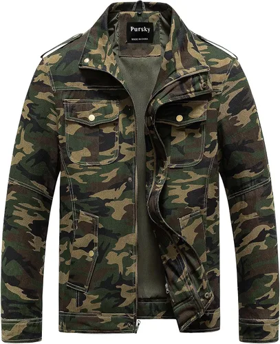 Vista 14 de Pursky Chaqueta Militar de Hombre Chaqueta de Algodón Lavado Casual con Capucha de Lienzo Abrigo de Otoño