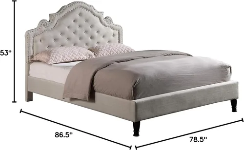Vista 2 de Base de cama de plataforma tapizada King con cabecera de 51 pulgadas de alto, cama de tela con botones - Soporte de listones de madera con espacio