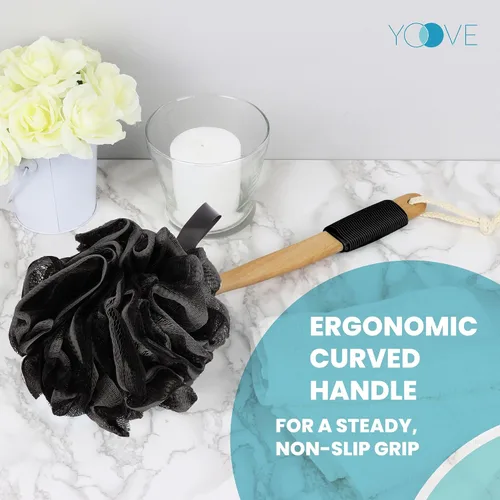 Vista 9 de Esponja exfoliante de espalda con infusión de carbón de bambú, lufa con asa, esponja de ducha exfoliante para hombres y mujeres, cuenta con 1