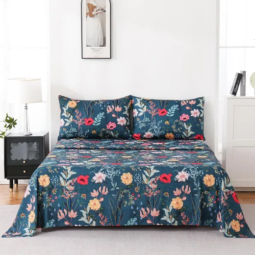 Vista 29 de Yibeizi - Juego de sábanas con estampado floral para cama de tamaño queen, sábanas de microfibra con patrón botánico boho, fundas para almohada
