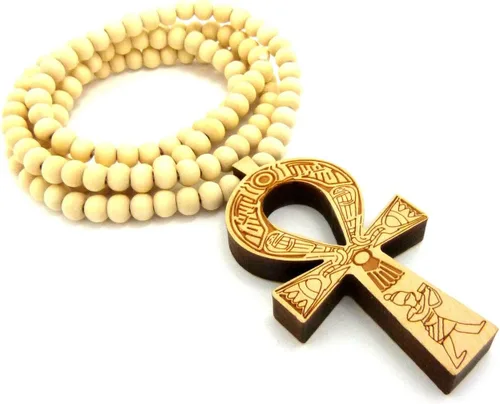 Vista 10 de Fashion 21 Colgante de cruz egipcia Ankh de 0.236 in, 27 pulgadas, collar de cuentas de madera elástico (3 colores disponibles)