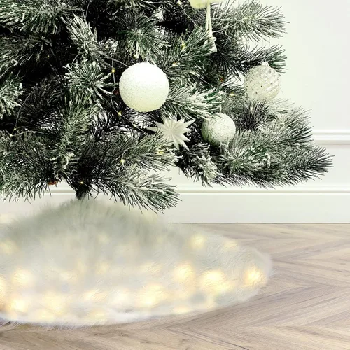 Vista 6 de Lewtemi Falda de árbol de Navidad de 36 pulgadas con luz LED, falda de árbol de felpa de piel sintética, falda de árbol de Navidad iluminada, nieve