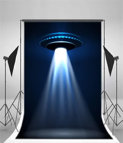 Vista 3 de Leyiyi Fondo de fotografía de 3 x 5 pies, telón de fondo de nave espacial OVNI Fiesta de Feliz Cumpleaños Avión Alien Luz Universo Viaje Espacio